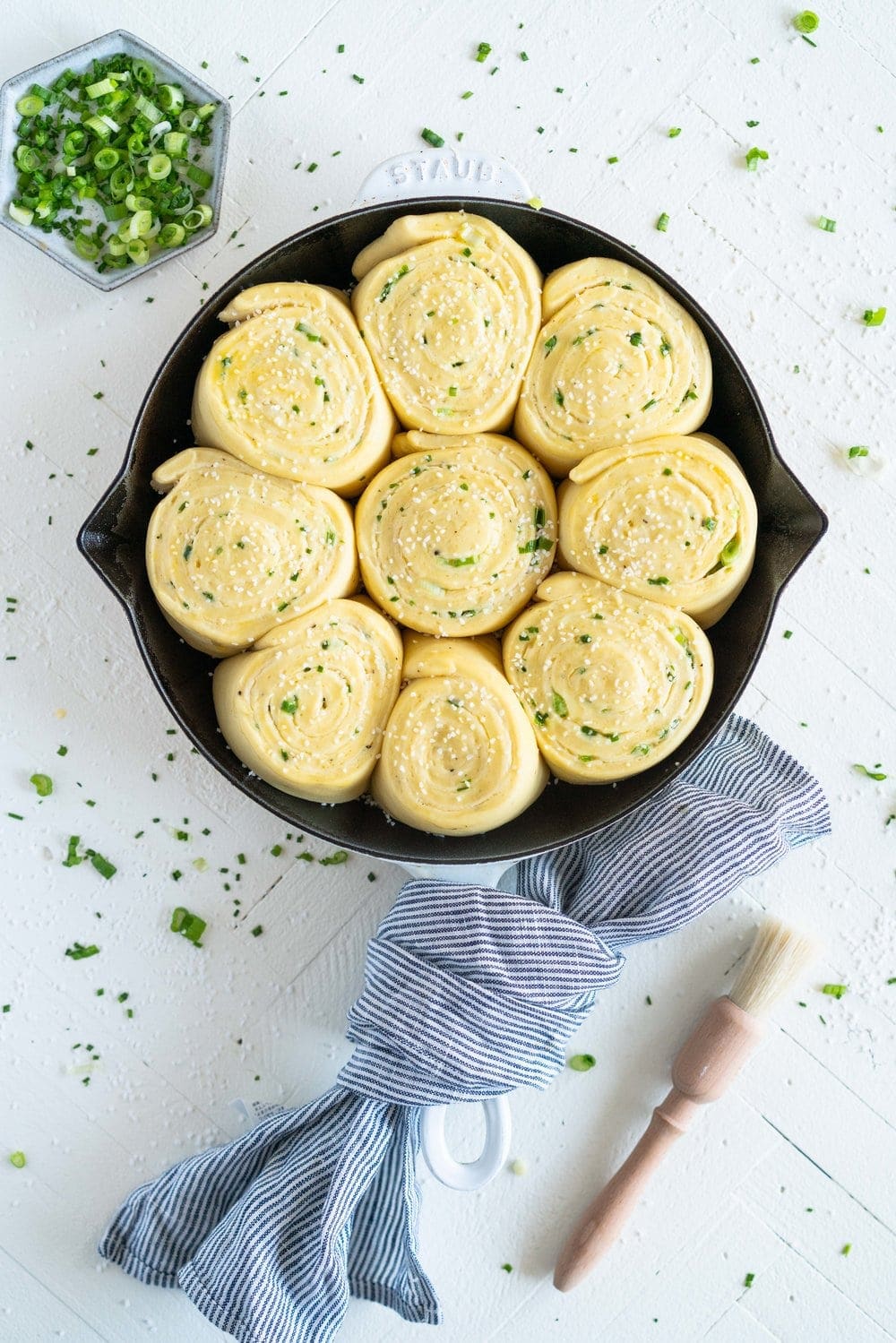 cheese, scallion and chive brioche buns ready for oven