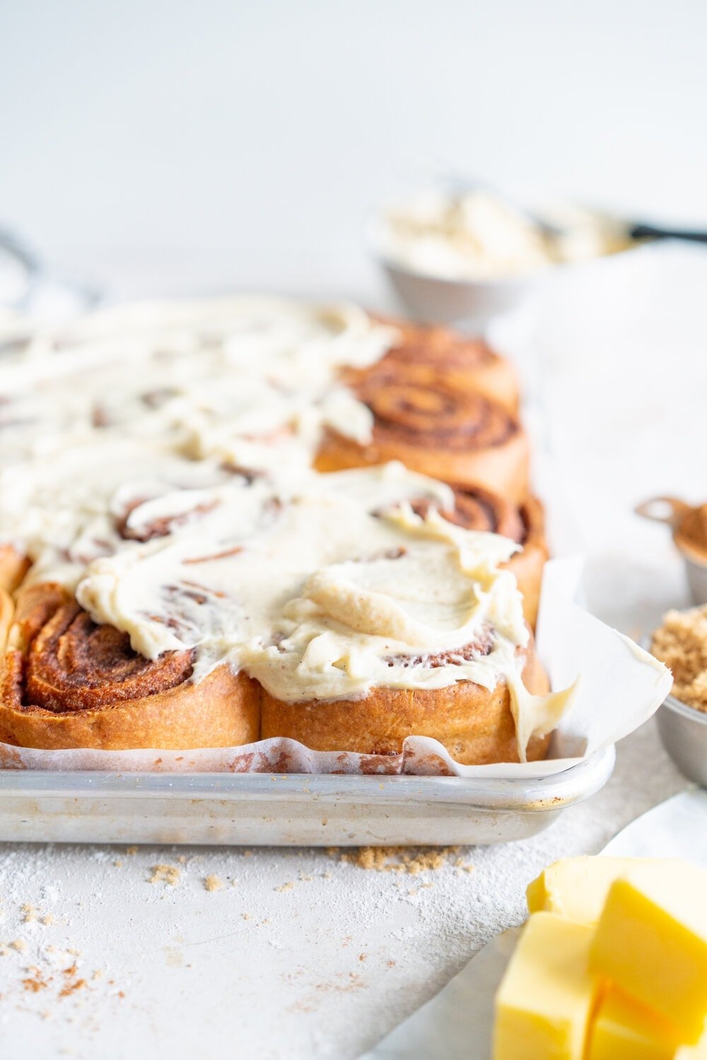 side on shot brown butter cinnamon rolls