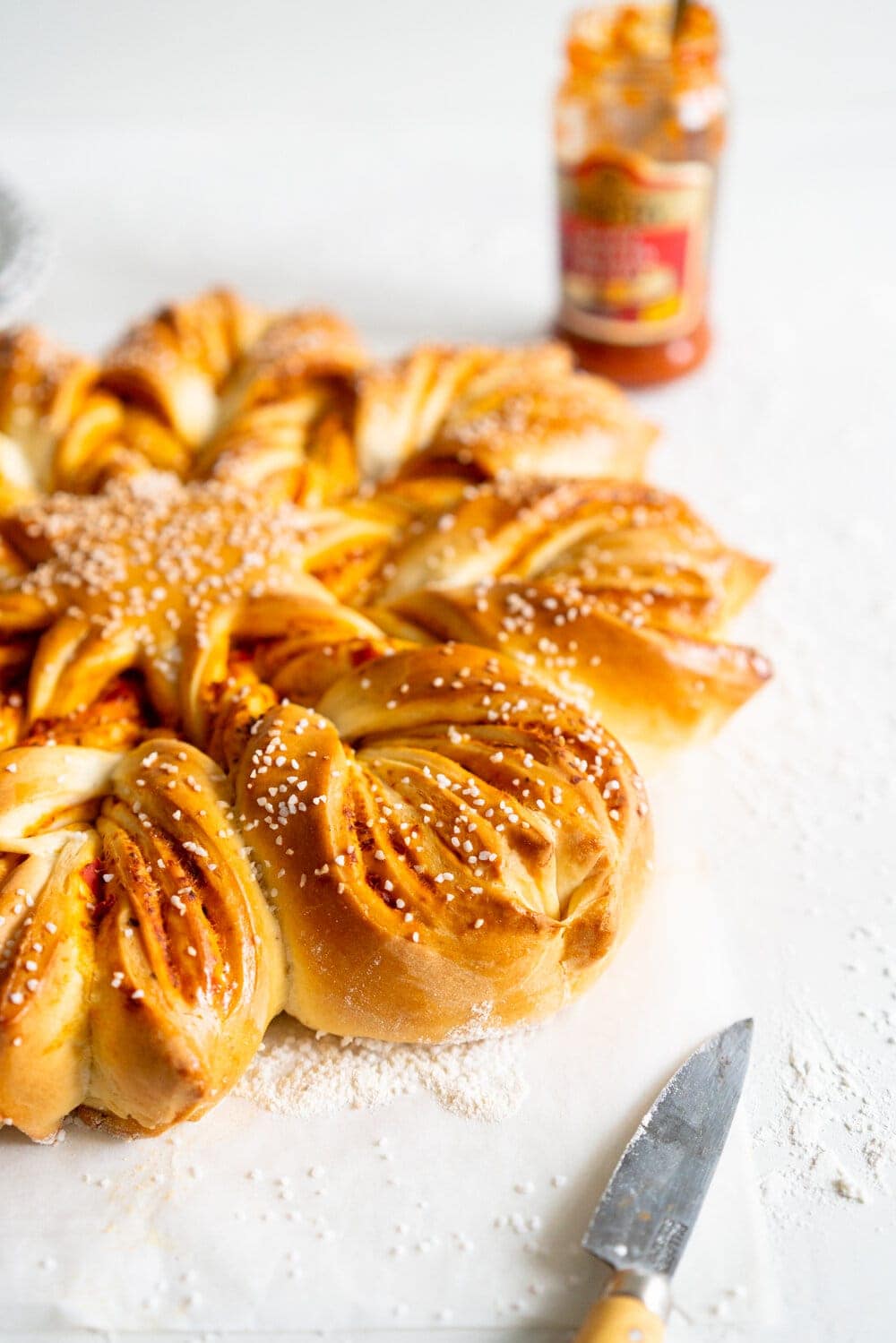 Side on shot of pesto star bread
