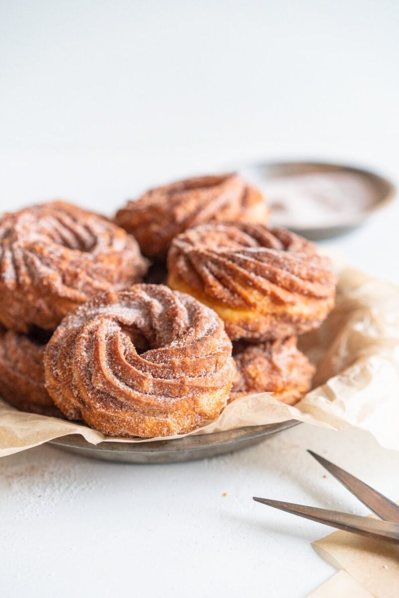 pan of sugar crullers