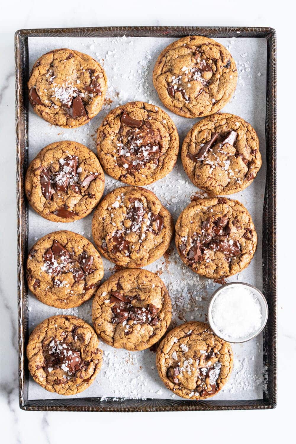 brown butter spelt chocolate chip cookies on a sheet pan