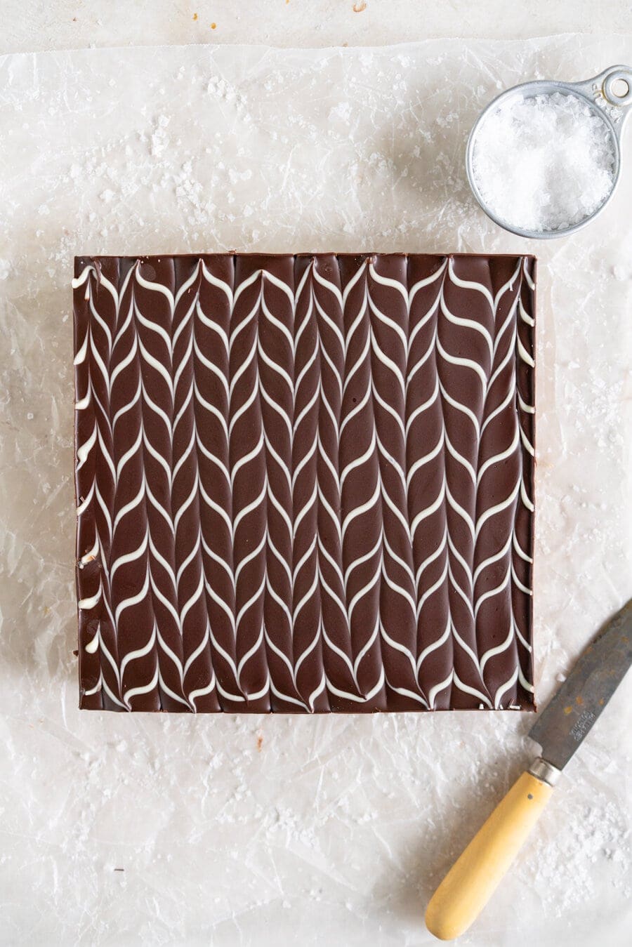 top down shot of salted caramel slice ready to be cut