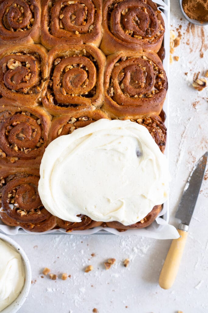 corner shot of carrot cake cinnamon rolls