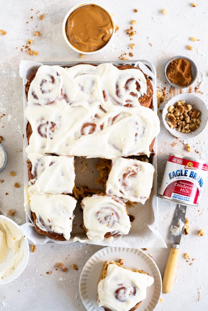 top down shot of carrot cake cinnamon rolls