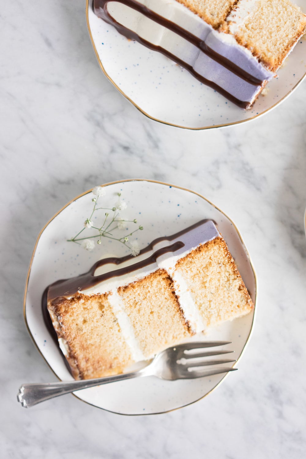 Honey lavender cake with vanilla german buttercream and lavender chocolate ganache drip