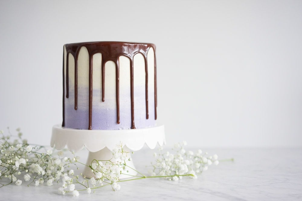 Honey lavender cake with vanilla german buttercream and lavender chocolate ganache drip