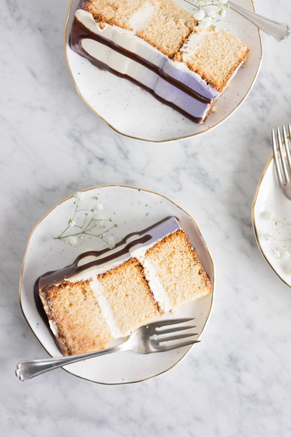 Honey lavender cake with vanilla german buttercream and lavender chocolate ganache drip
