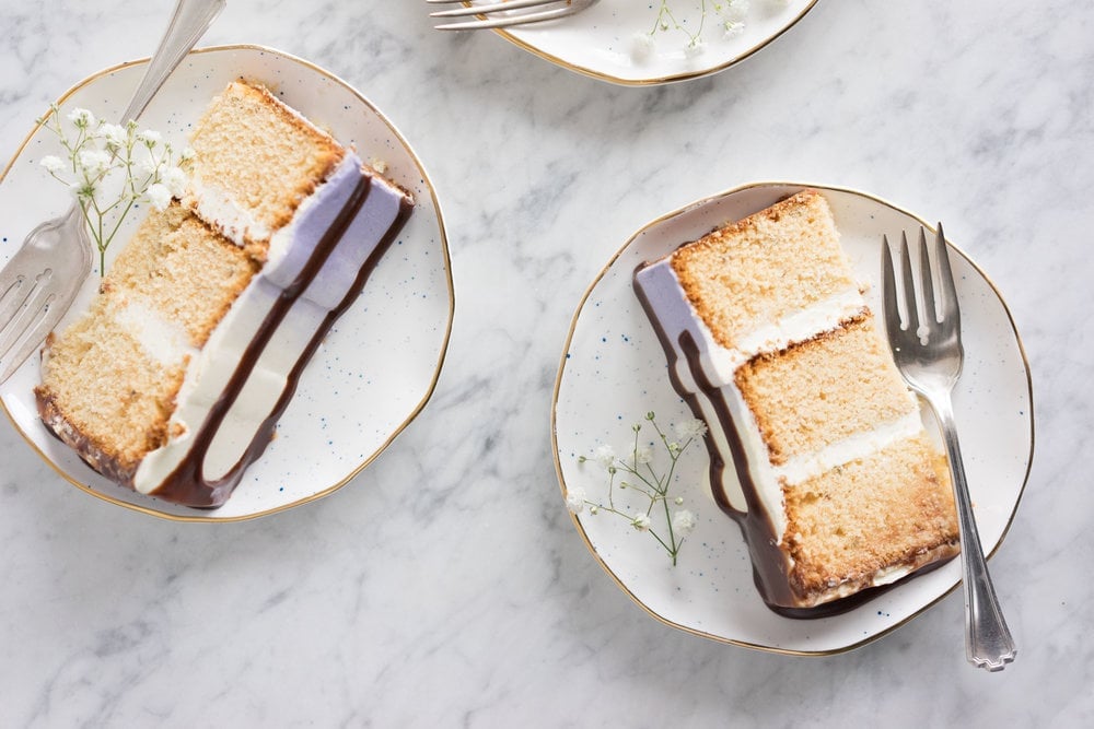 Honey lavender cake with vanilla german buttercream and lavender chocolate ganache drip