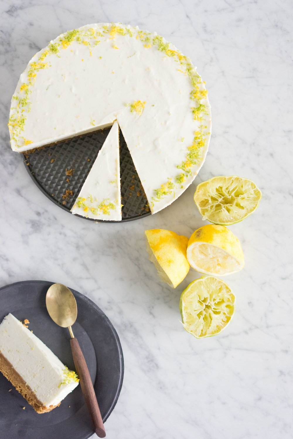 Lemon and Lime No bake cheesecake - the perfect make-ahead dessert that won't clog up precious oven space when preparing for a busy dinner party!