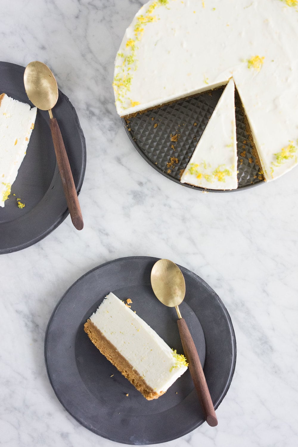 Lemon and Lime No bake cheesecake - the perfect make-ahead dessert that won't clog up precious oven space when preparing for a busy dinner party!