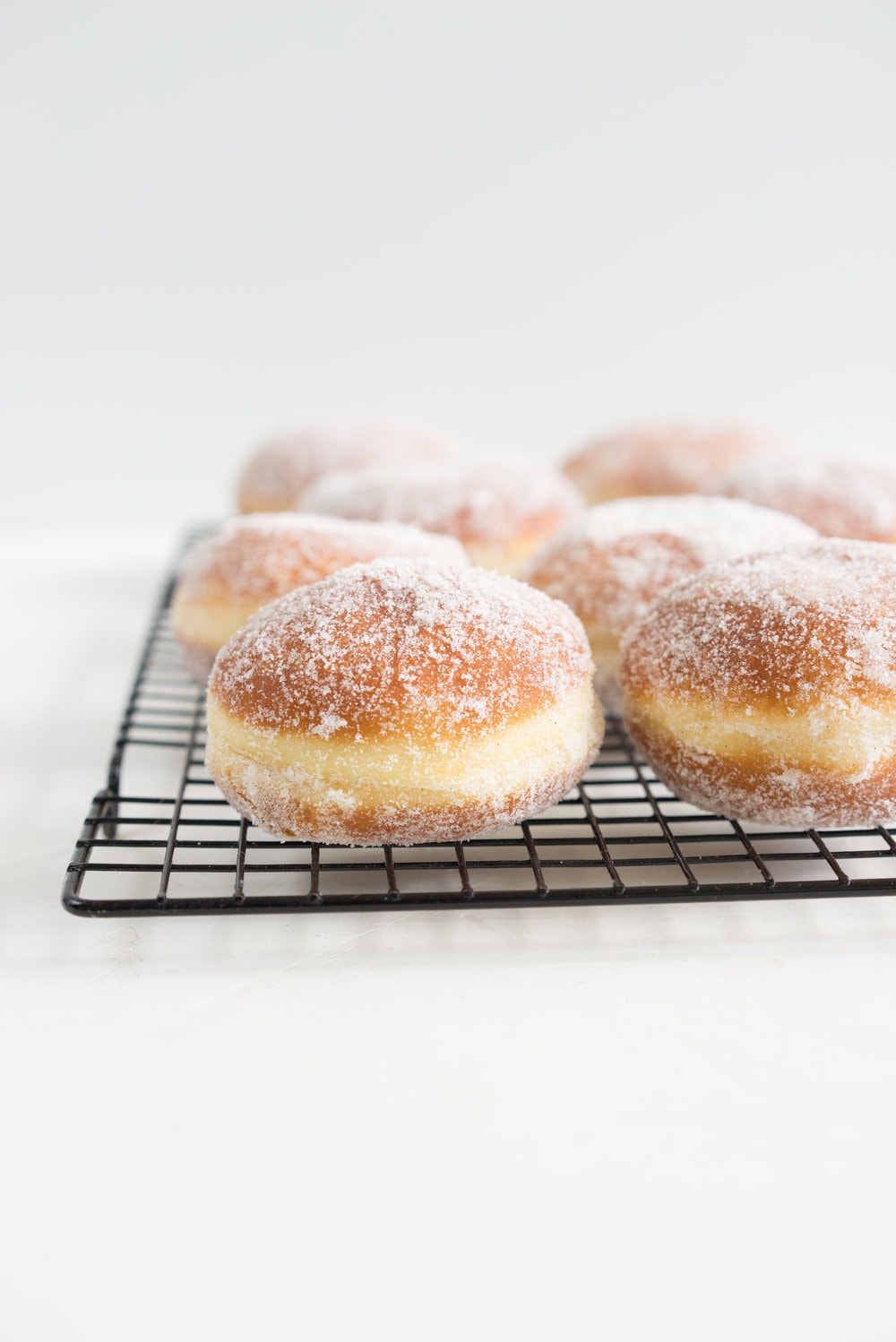 Brioche doughnuts, roasted rhubarb, vanilla bean pastry cream, and vanilla sugar