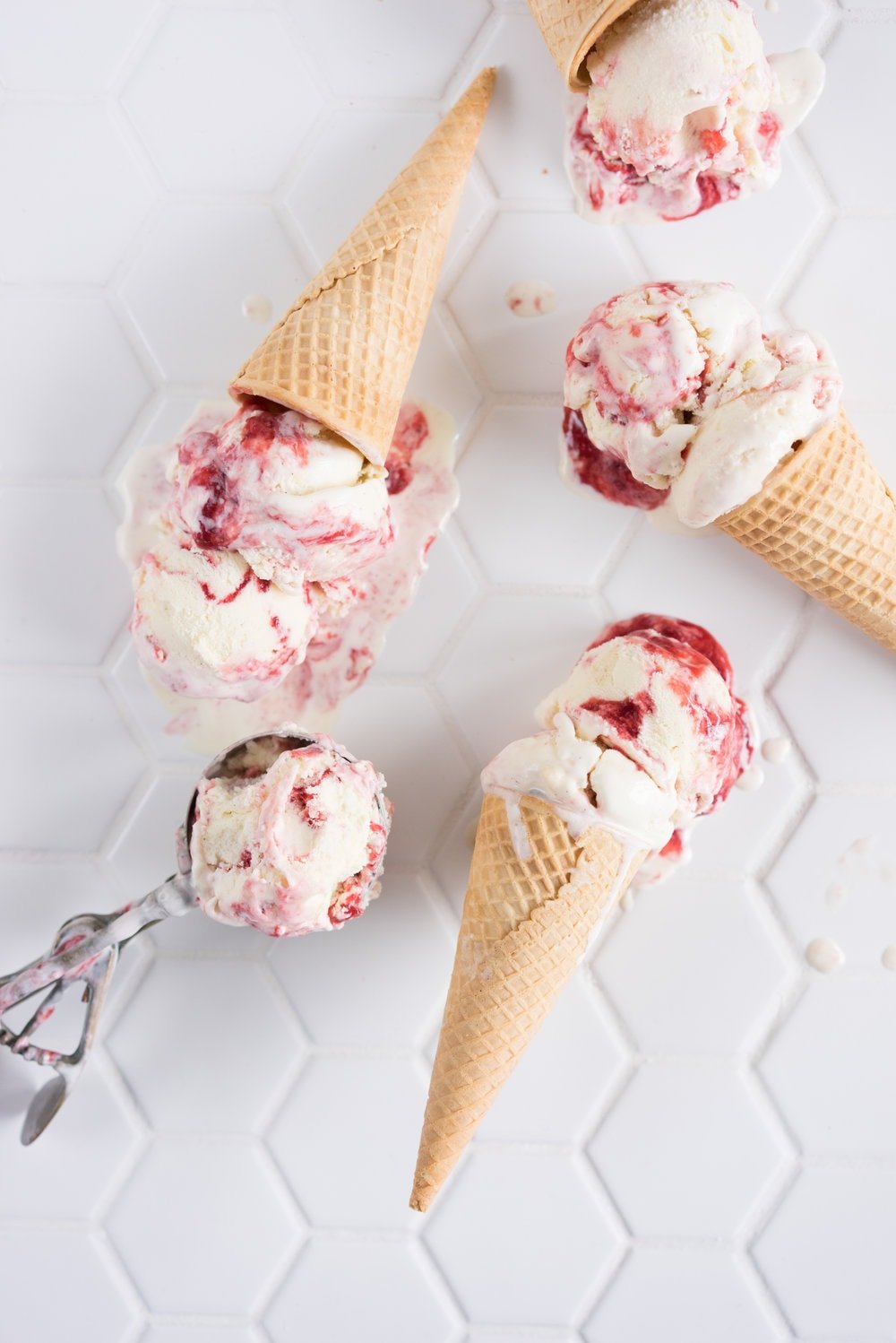 Strawberry ripple and shortbread ice cream - creamy vanilla ice cream, swirled with fresh strawberry sauce, and studded with chunks of home made shortbread
