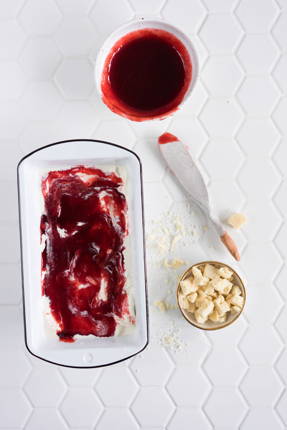 Strawberry ripple and shortbread ice cream - creamy vanilla ice cream, swirled with fresh strawberry sauce, and studded with chunks of home made shortbread