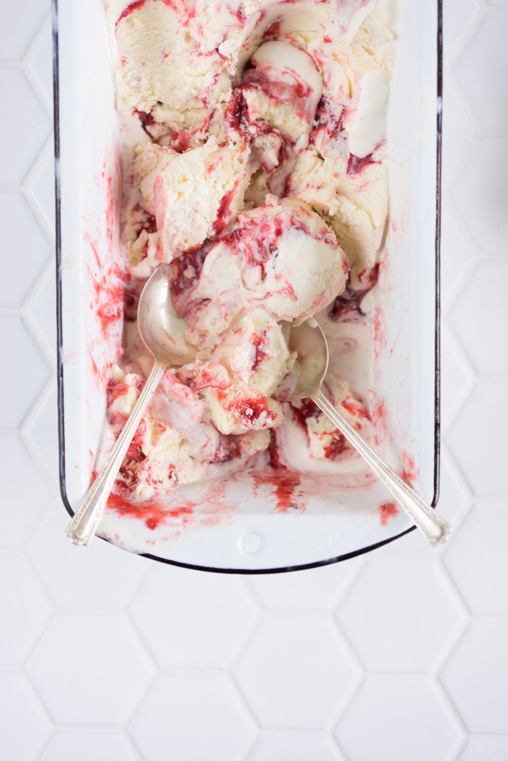 Strawberry ripple and shortbread ice cream - creamy vanilla ice cream, swirled with fresh strawberry sauce, and studded with chunks of home made shortbread