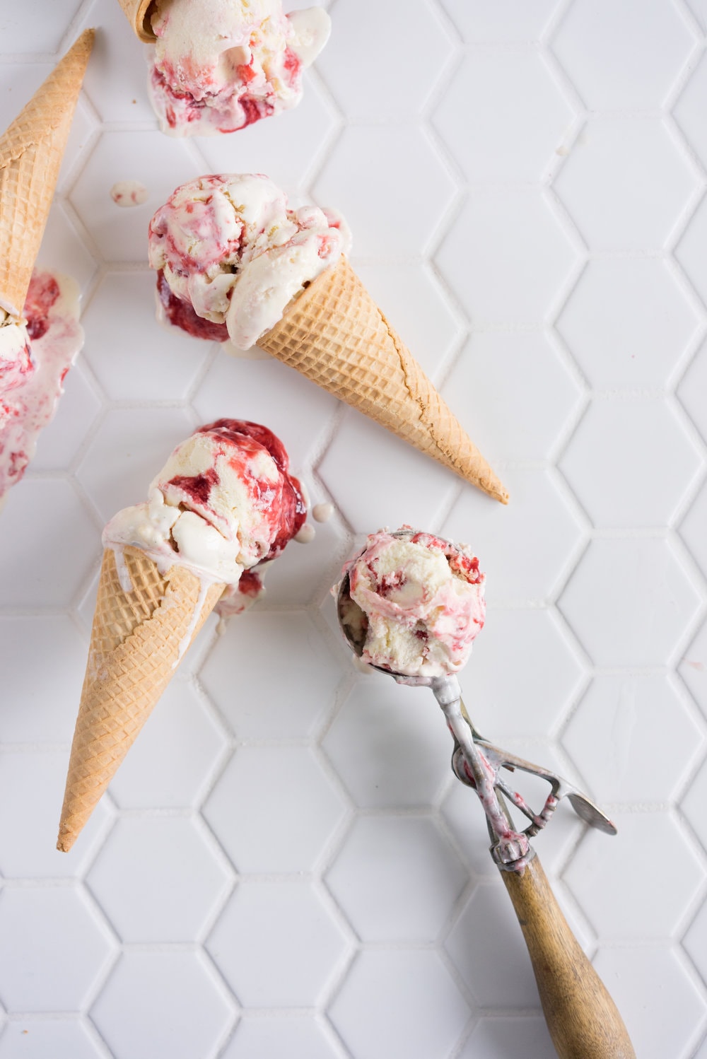 Strawberry ripple and shortbread ice cream - creamy vanilla ice cream, swirled with fresh strawberry sauce, and studded with chunks of home made shortbread