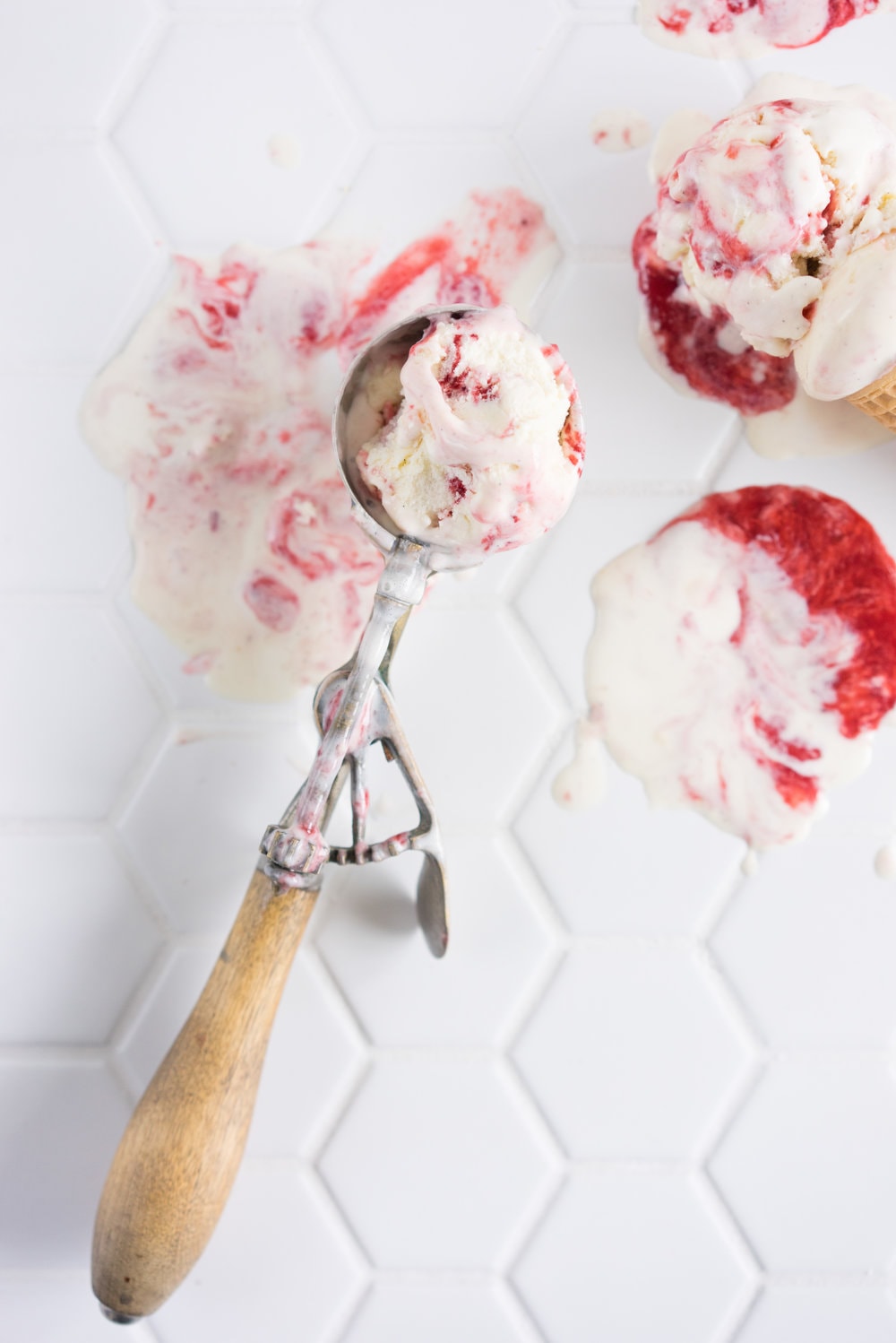 Strawberry ripple and shortbread ice cream - creamy vanilla ice cream, swirled with fresh strawberry sauce, and studded with chunks of home made shortbread