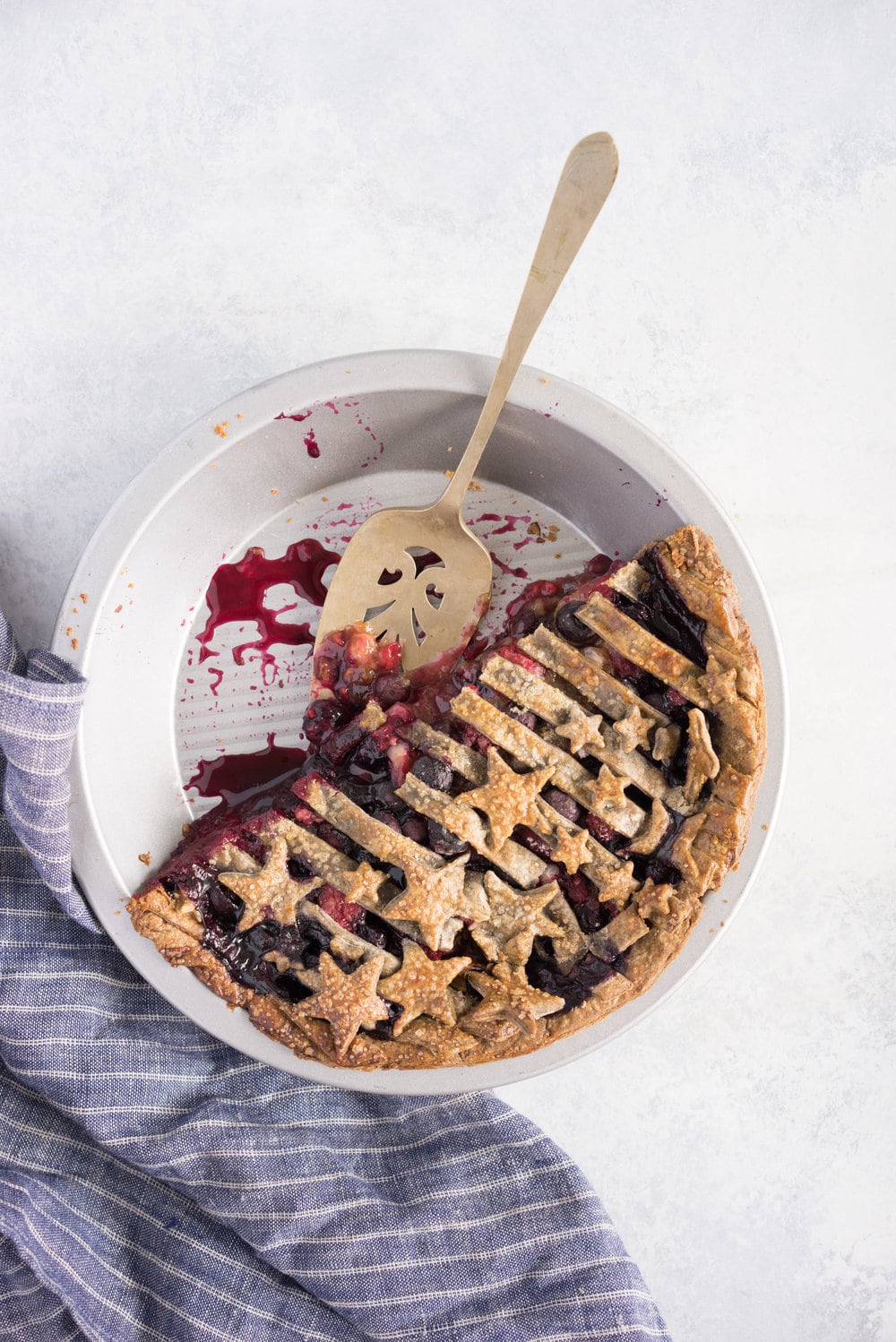 Blueberry, raspberry and white currant pie with buckwheat crust - the perfect 4th of july pie, or change the lattice up and you have the perfect summer dessert!