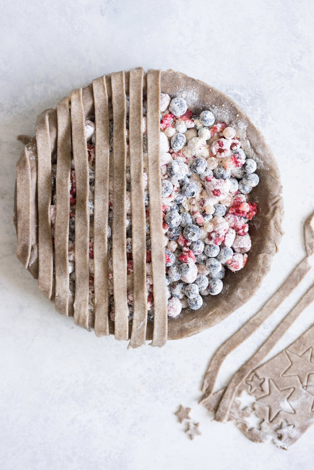 Blueberry, raspberry and white currant pie with buckwheat crust - the perfect 4th of july pie, or change the lattice up and you have the perfect summer dessert!