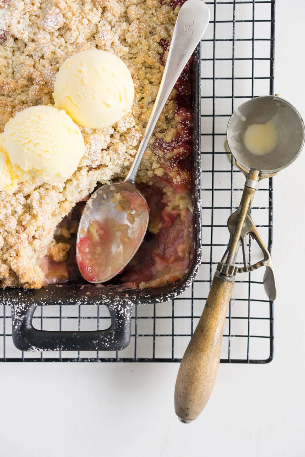Rhubarb almond crumble with kaffir lime ice cream - the perfect way to hero rhubarb. A super simple summer dessert that can easily be adapted to use your favourite fruit. Paired with a delicately flavoured kaffir lime ice cream, this is the ultimate comfort food.