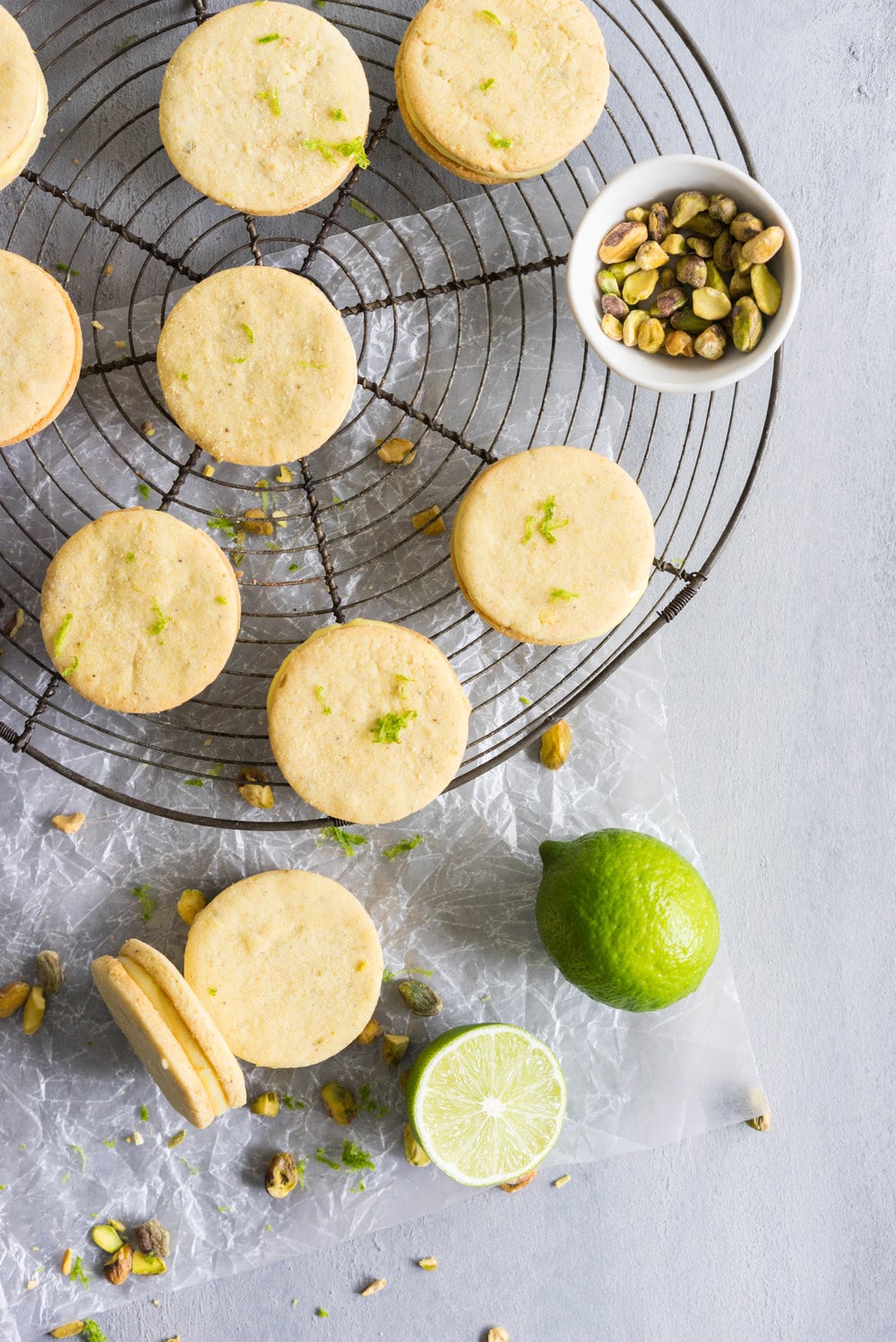 Buttery Pistachio and lime shortbread, sandwiched with a zesty lime cream. #shortbread #lime #Sandwichcookie