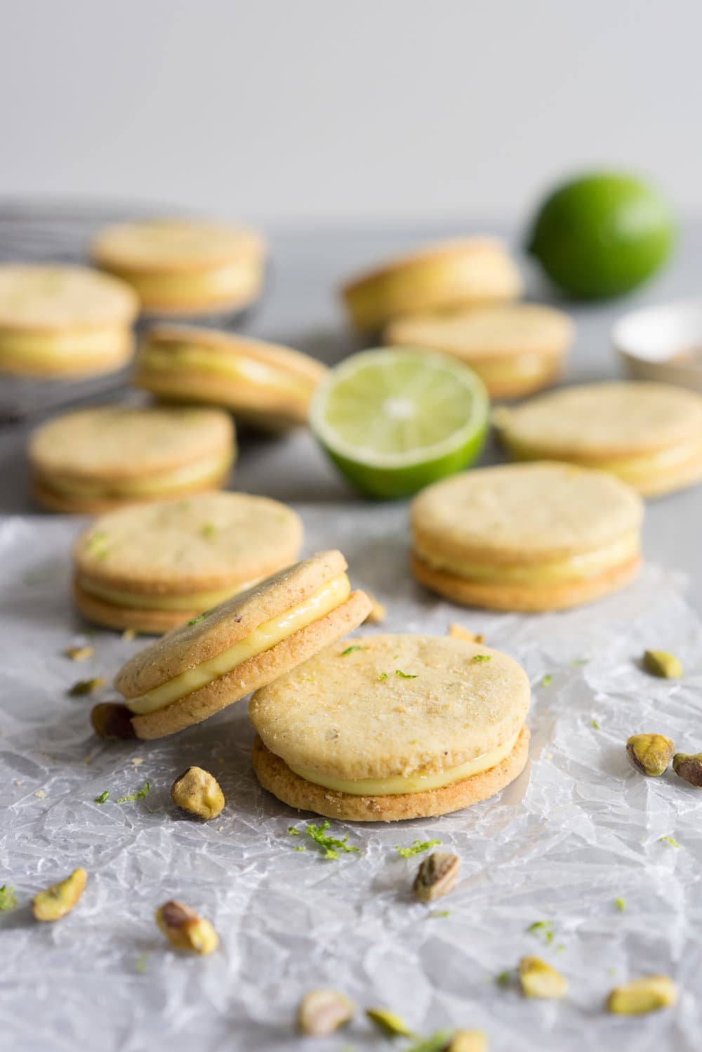 Buttery Pistachio and lime shortbread, sandwiched with a zesty lime cream. #shortbread #lime #Sandwichcookie