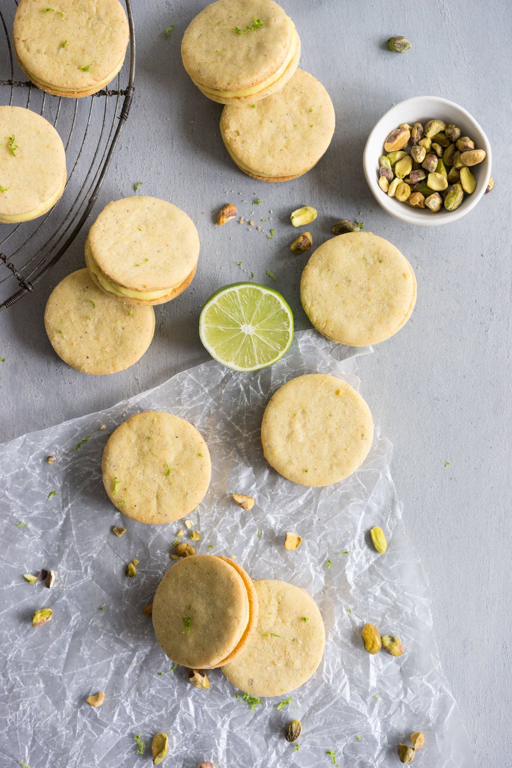 Buttery Pistachio and lime shortbread, sandwiched with a zesty lime cream. #shortbread #lime #Sandwichcookie