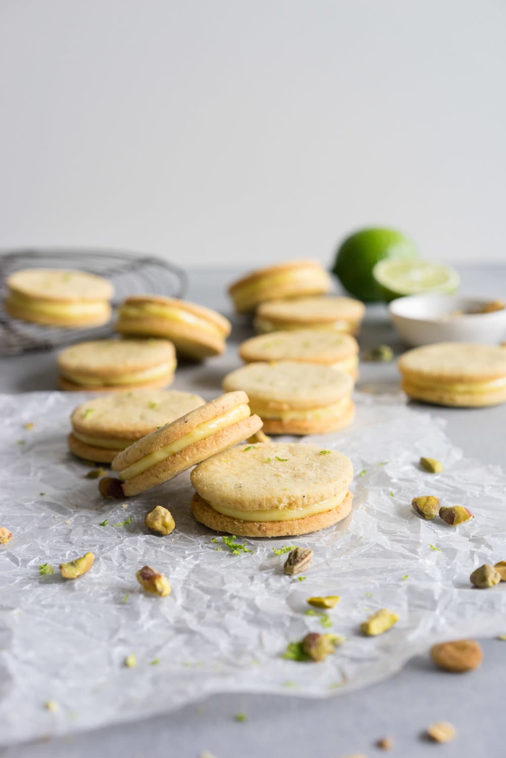 Buttery Pistachio and lime shortbread, sandwiched with a zesty lime cream. #shortbread #lime #Sandwichcookie
