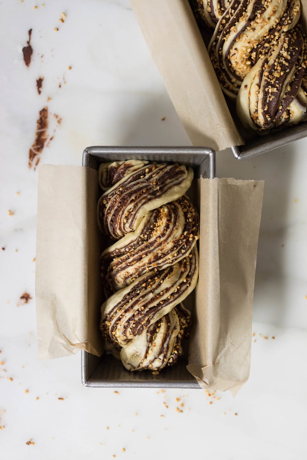 Chocolate Hazelnut Babka - fluffy brioche dough is rolled out and spread with a homemade hazelnut chocolate spread, sprinkled with chopped toasted walnuts, and rolled into swirly chocolatey loaves. The result is perfect for a coffee break, or an indulgent wee breakfast.