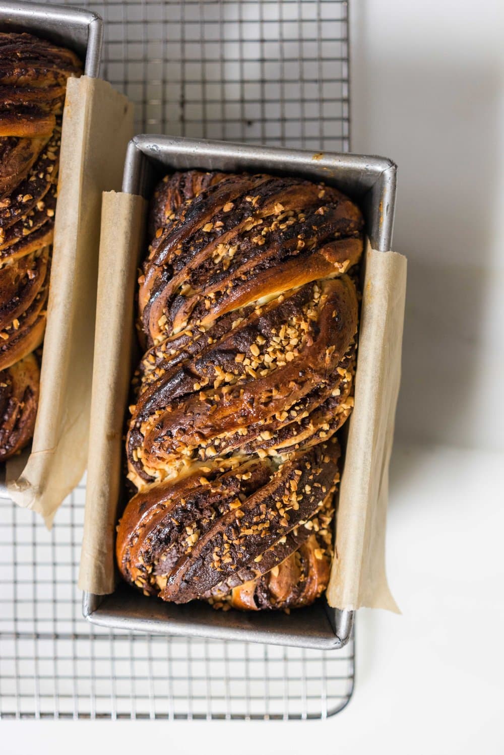 Chocolate Hazelnut Babka - fluffy brioche dough is rolled out and spread with a homemade hazelnut chocolate spread, sprinkled with chopped toasted walnuts, and rolled into swirly chocolatey loaves. The result is perfect for a coffee break, or an indulgent wee breakfast.