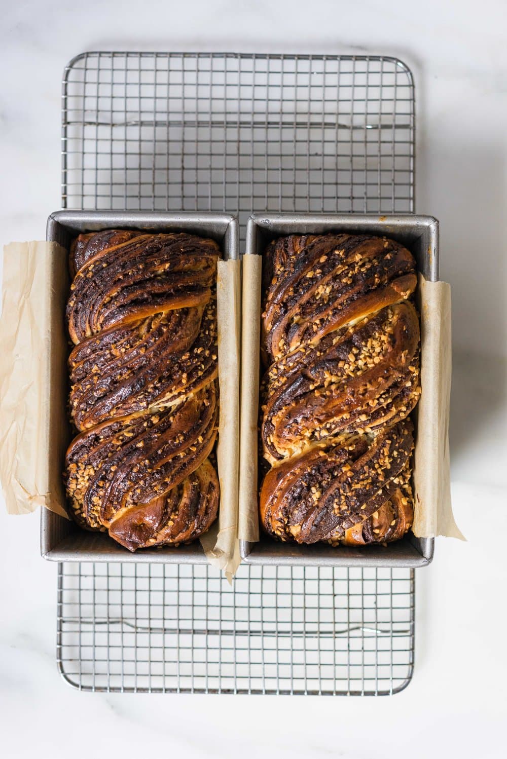 Chocolate Hazelnut Babka - fluffy brioche dough is rolled out and spread with a homemade hazelnut chocolate spread, sprinkled with chopped toasted walnuts, and rolled into swirly chocolatey loaves. The result is perfect for a coffee break, or an indulgent wee breakfast.