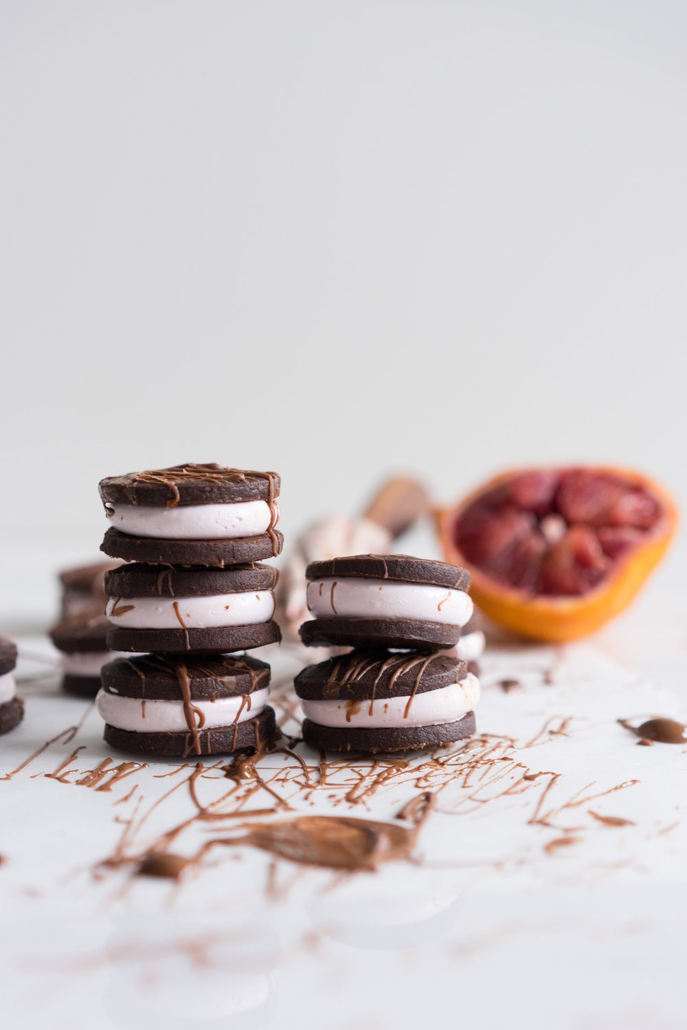 Blood Orange Sandwich Cookies with Blood Orange Marshmallow - buttery chocolate orange shortbread, sandwiched with a punchy light pink blood orange marshmallow