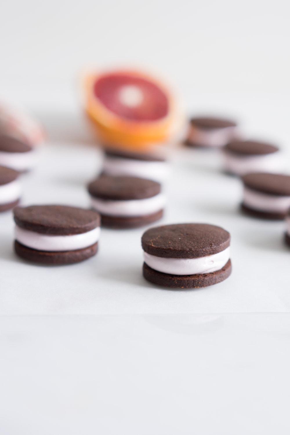 Blood Orange Sandwich Cookies with Blood Orange Marshmallow - buttery chocolate orange shortbread, sandwiched with a punchy light pink blood orange marshmallow