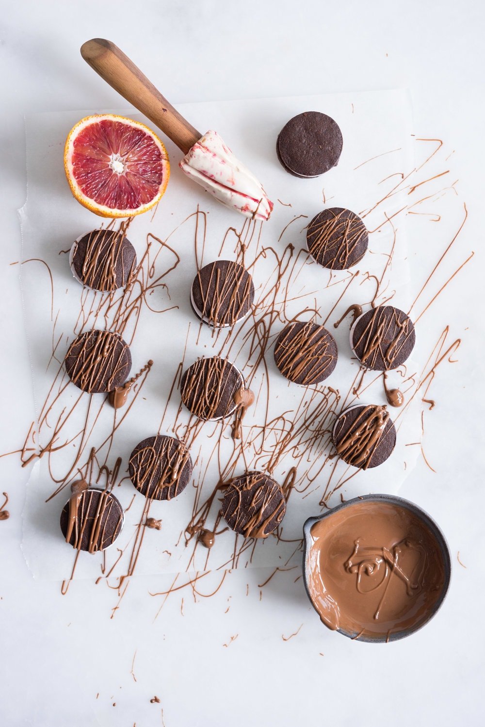 Blood Orange Sandwich Cookies with Blood Orange Marshmallow - buttery chocolate orange shortbread, sandwiched with a punchy light pink blood orange marshmallow