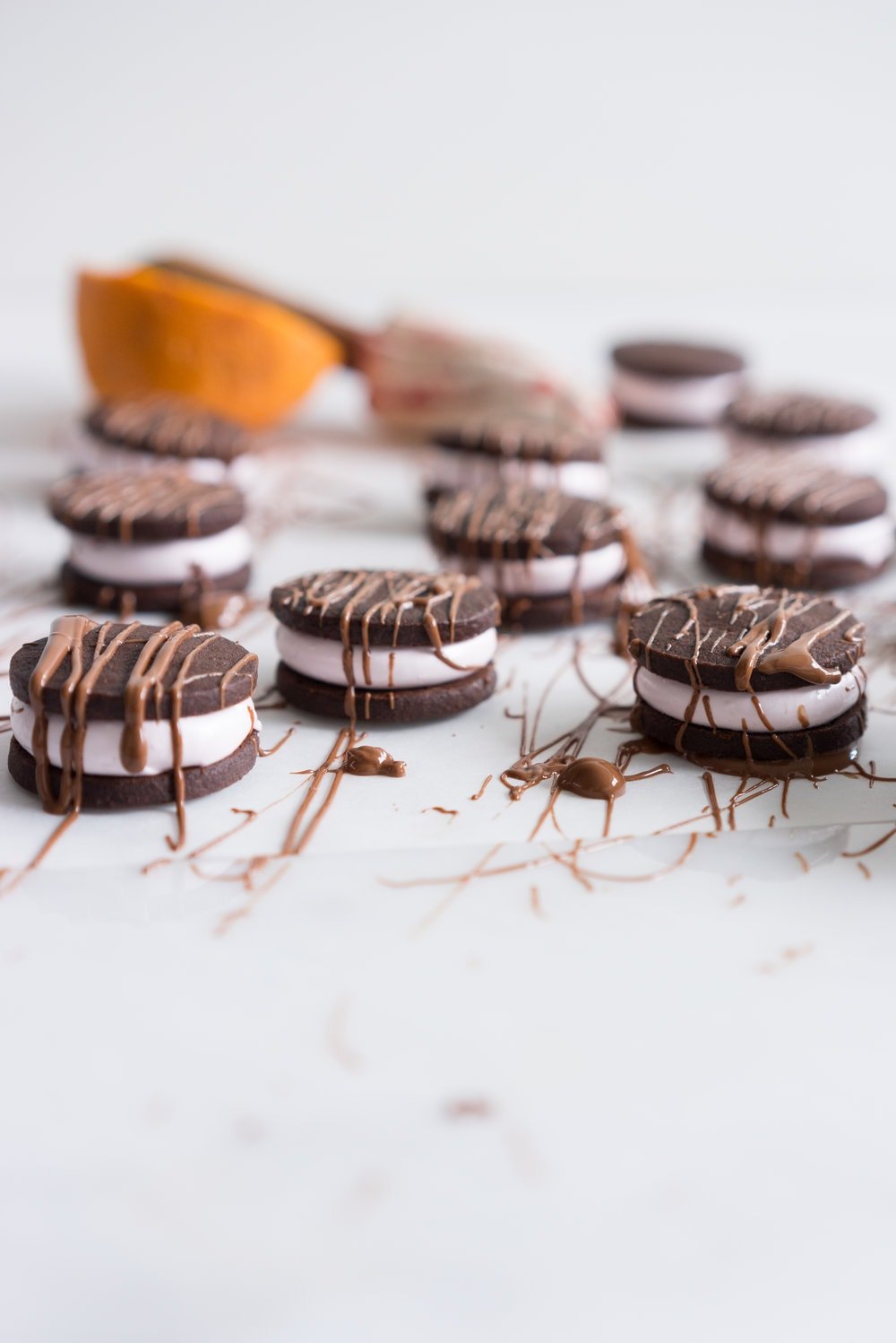 Blood Orange Sandwich Cookies with Blood Orange Marshmallow - buttery chocolate orange shortbread, sandwiched with a punchy light pink blood orange marshmallow