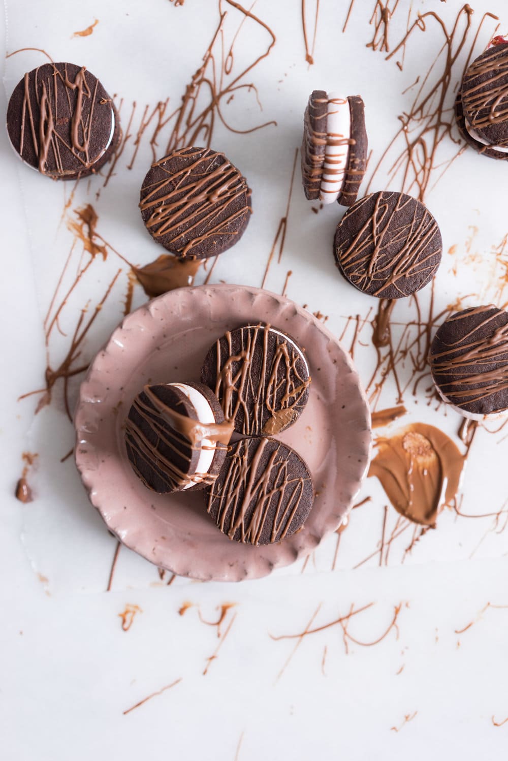 Blood Orange Sandwich Cookies with Blood Orange Marshmallow - buttery chocolate orange shortbread, sandwiched with a punchy light pink blood orange marshmallow
