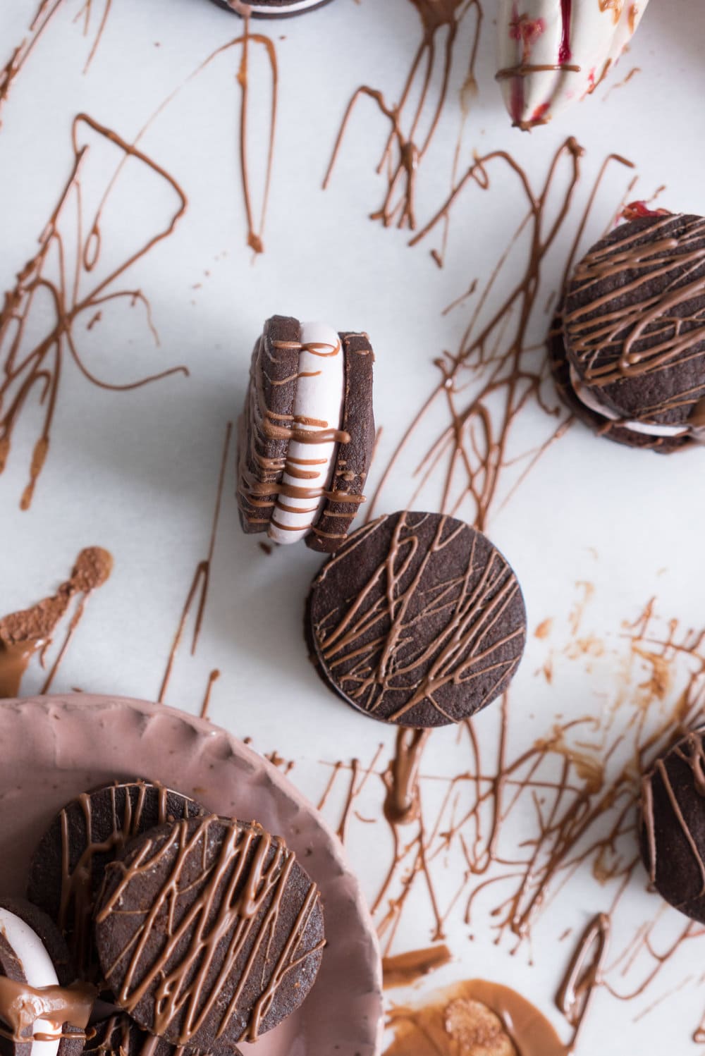 Blood Orange Sandwich Cookies with Blood Orange Marshmallow - buttery chocolate orange shortbread, sandwiched with a punchy light pink blood orange marshmallow