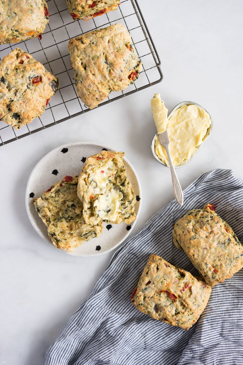 Spinach, Feta, Red Pepper, and Fennel Seed Scones. Perfect for a quick morning tea, a savory brunch option, or a light casual lunch.