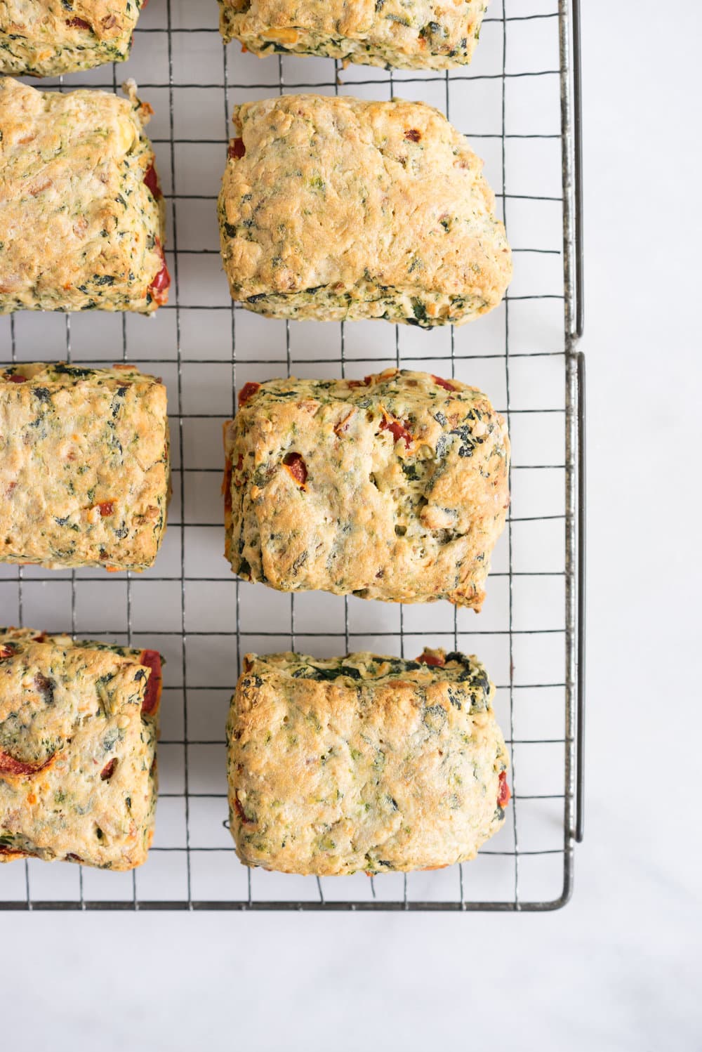 Spinach, Feta, Red Pepper, and Fennel Seed Scones. Perfect for a quick morning tea, a savory brunch option, or a light casual lunch.