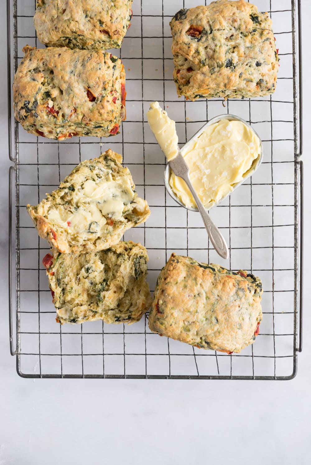 Spinach, Feta, Red Pepper, and Fennel Seed Scones. Perfect for a quick morning tea, a savory brunch option, or a light casual lunch.