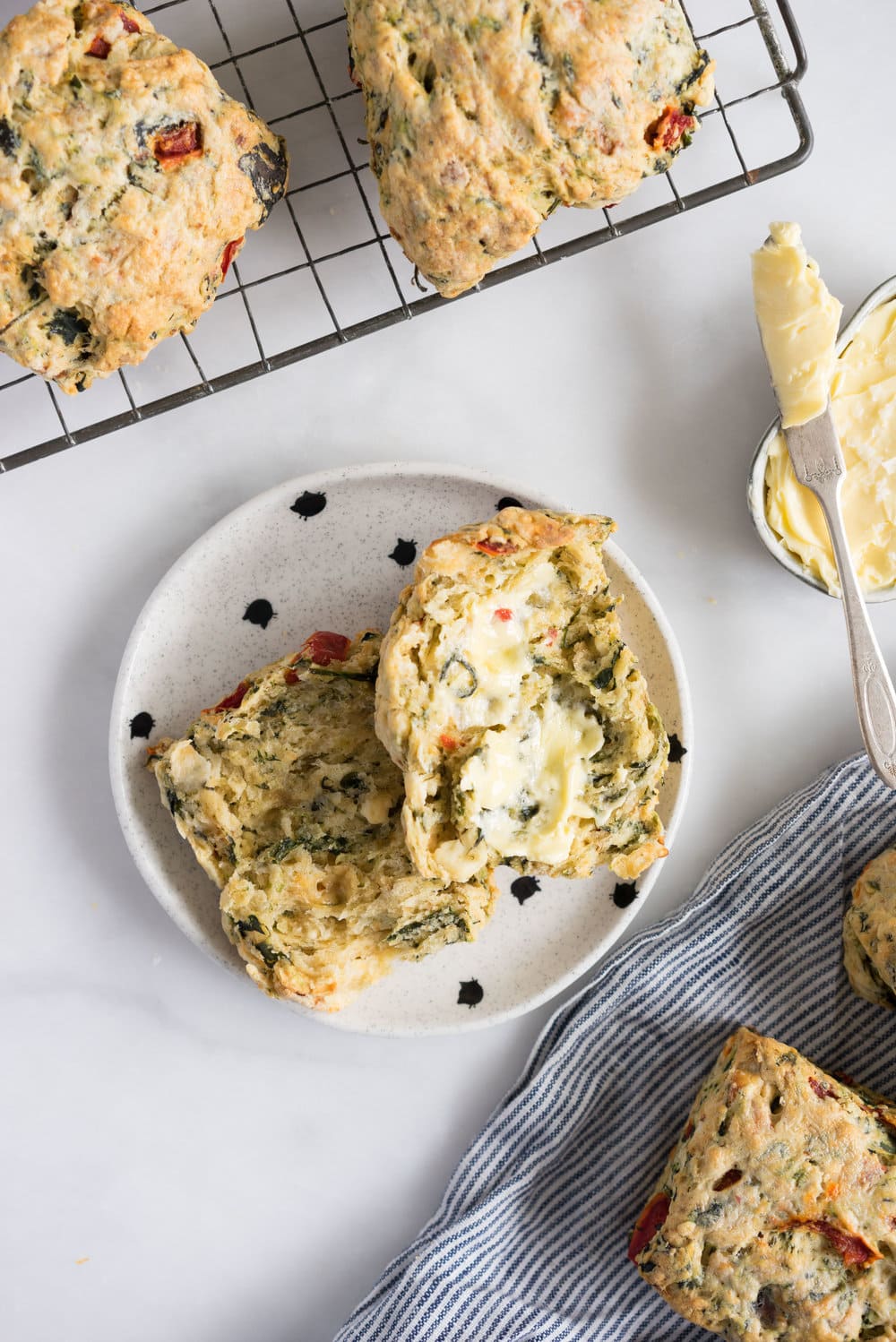 Spinach, Feta, Red Pepper, and Fennel Seed Scones. Perfect for a quick morning tea, a savory brunch option, or a light casual lunch.