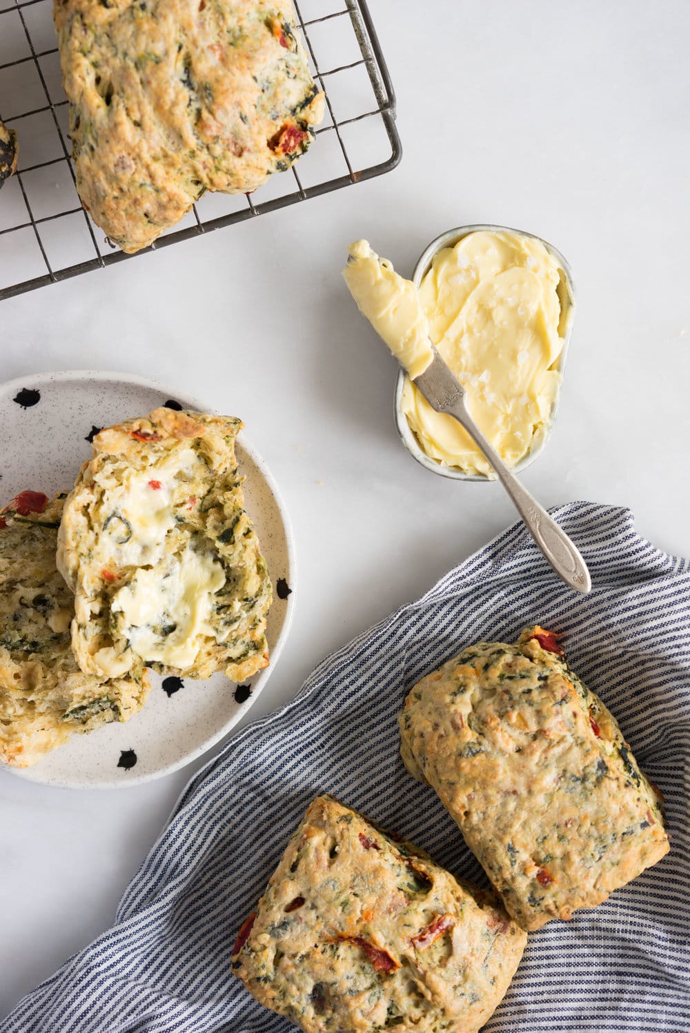 Spinach, Feta, Red Pepper, and Fennel Seed Scones. Perfect for a quick morning tea, a savory brunch option, or a light casual lunch.