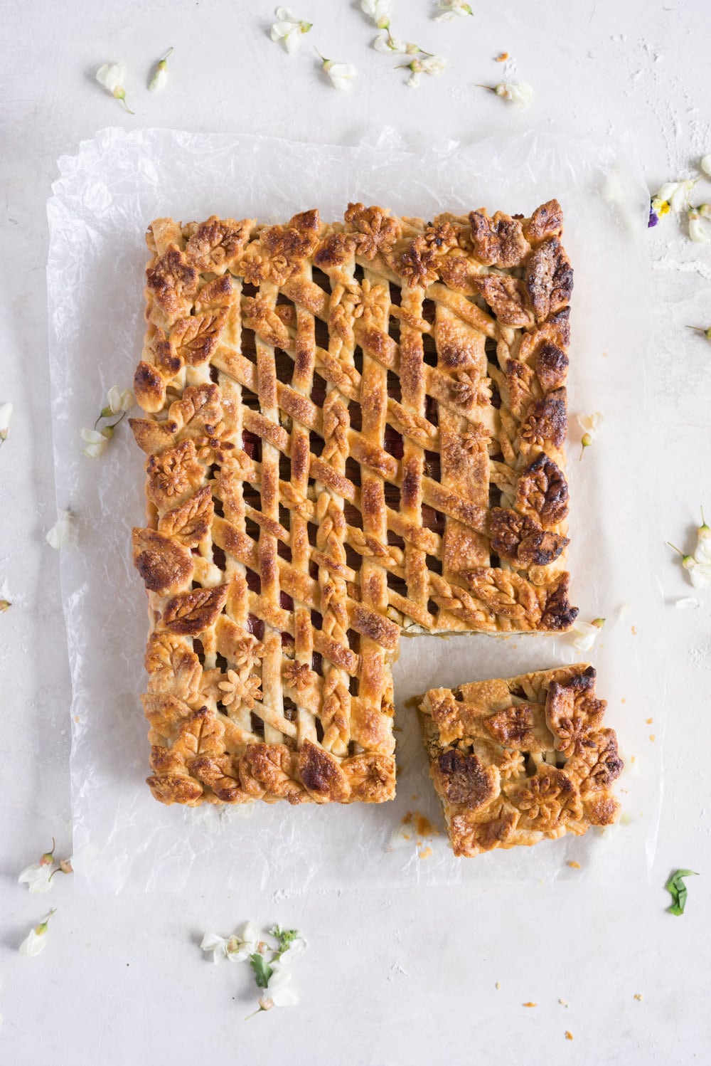 Rhubarb Frangipane Slab Pie - Flaky tender pie crust, sweet nutty frangipane, and vanilla infused roasted rhubarb. Perfect Spring or Early Summer Pie