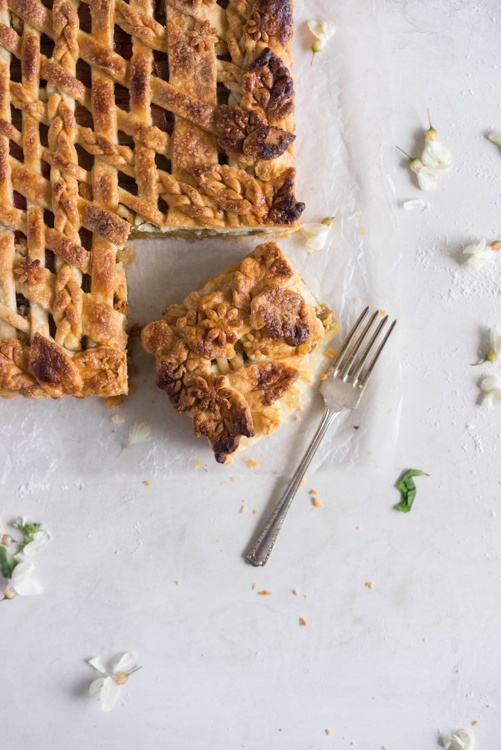 Rhubarb Frangipane Slab Pie - Flaky tender pie crust, sweet nutty frangipane, and vanilla infused roasted rhubarb. Perfect Spring or Early Summer Pie