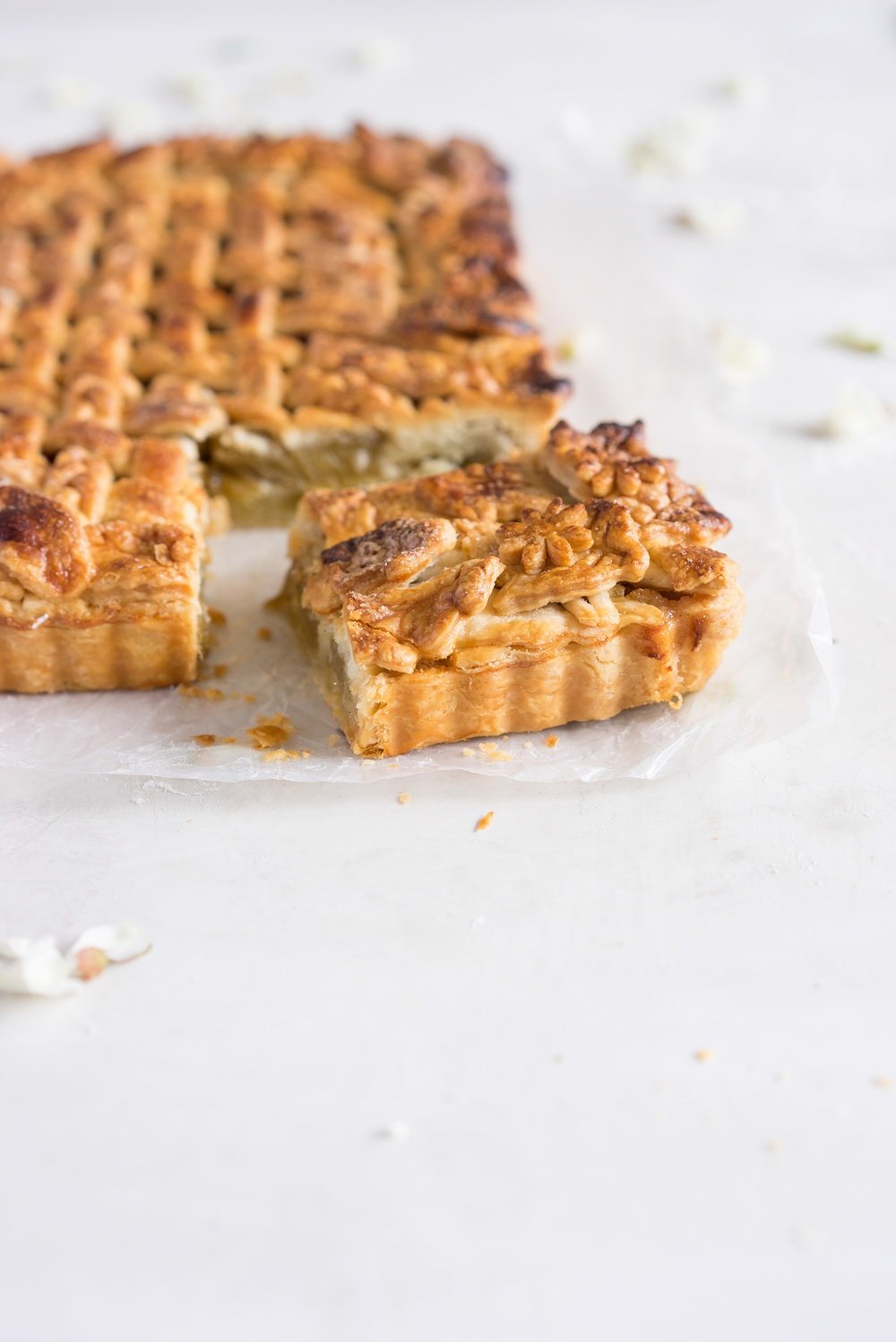 Rhubarb Frangipane Slab Pie - Flaky tender pie crust, sweet nutty frangipane, and vanilla infused roasted rhubarb. Perfect Spring or Early Summer Pie