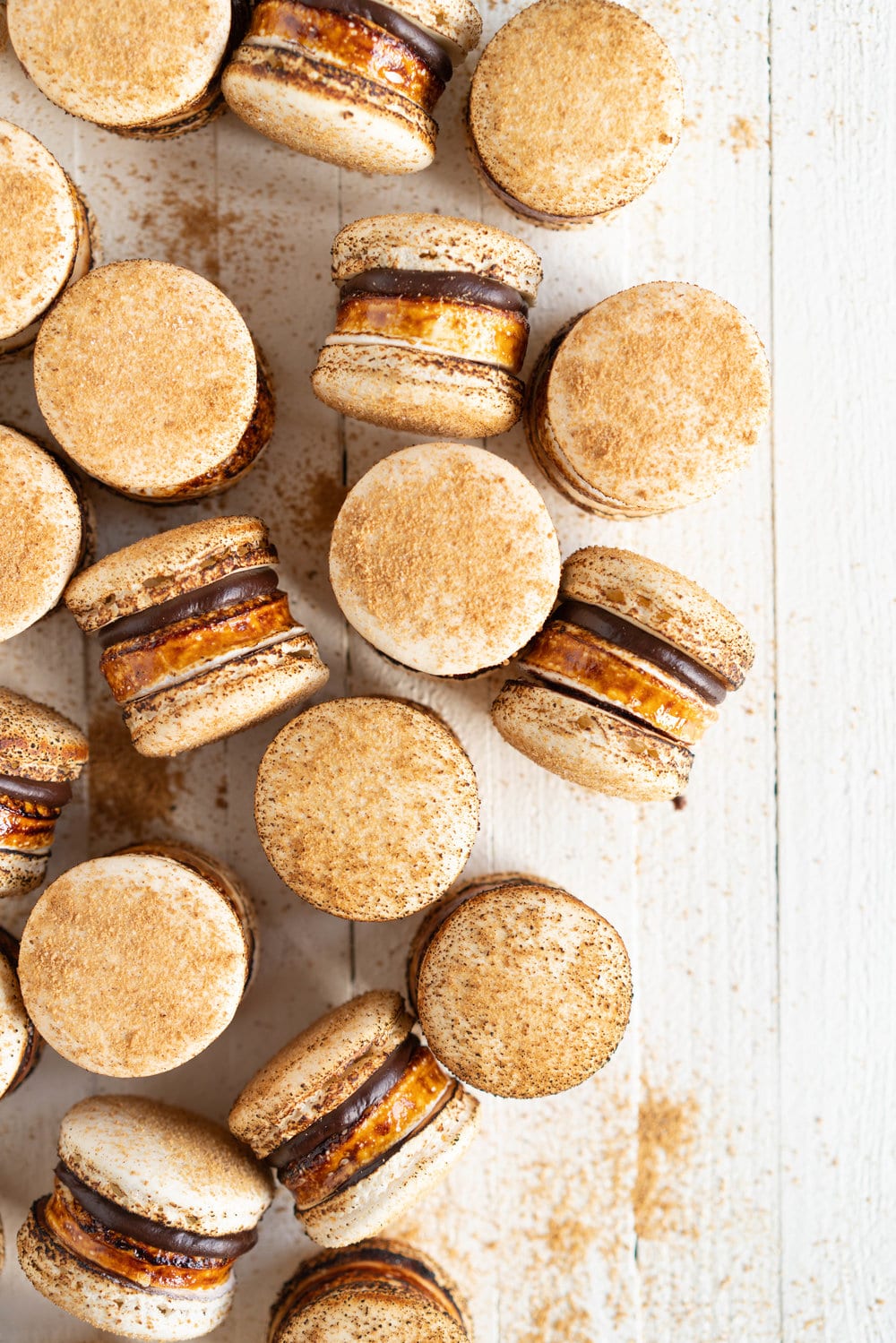 macarons with chocolate ganache and toasted marshmallow on a white background