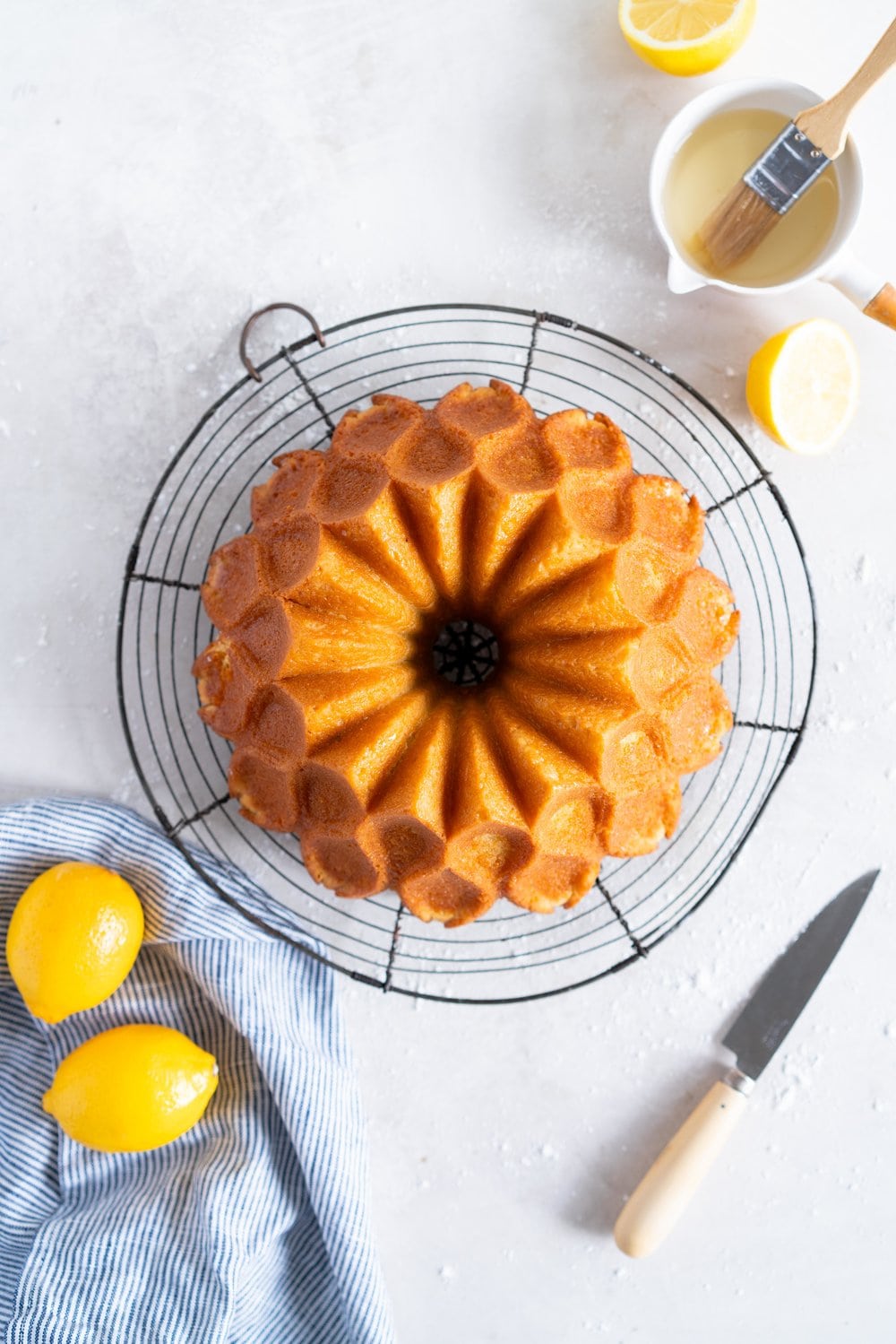 Top down shot of bundt cake on a cooling rack