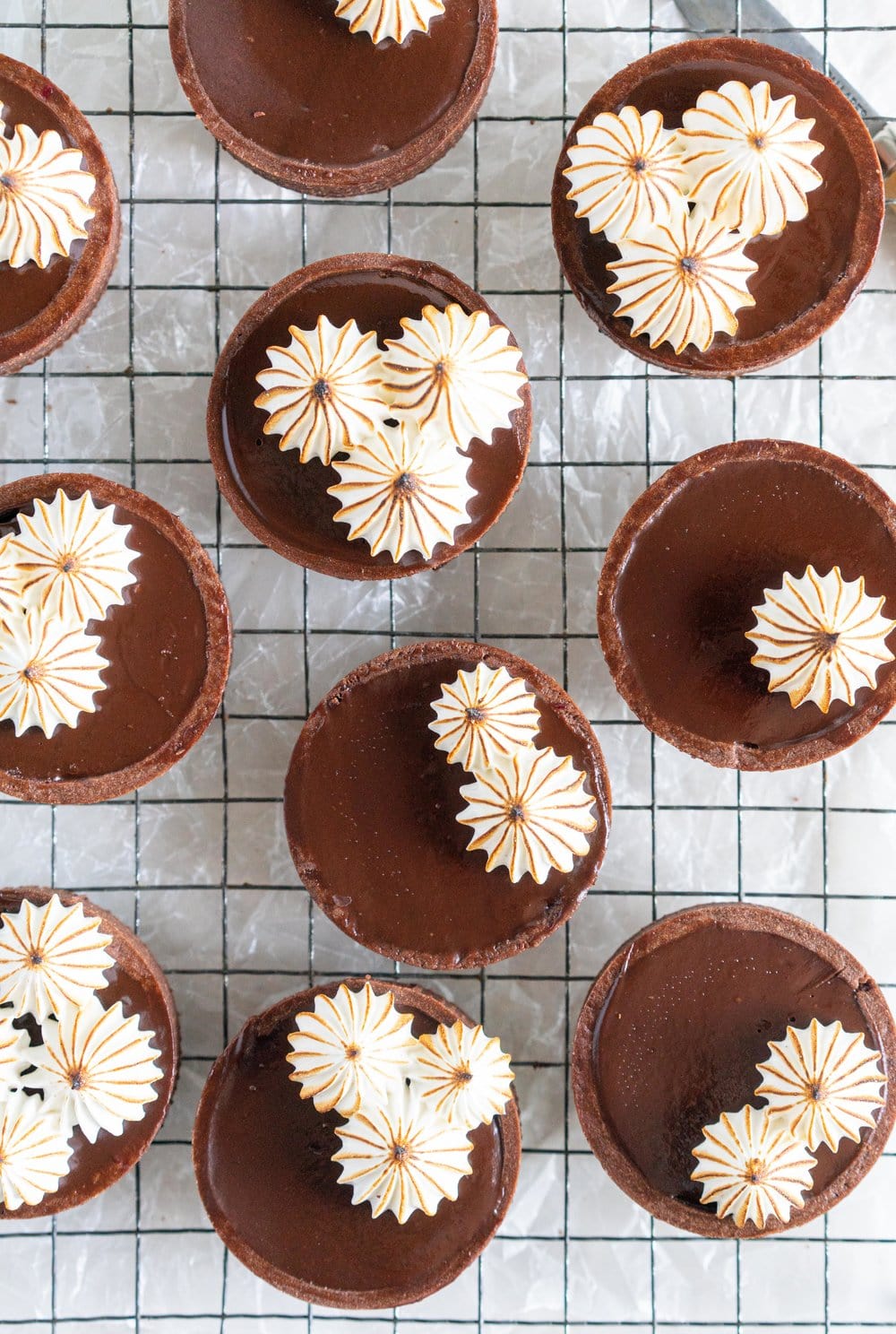 Dark Chocolate Peanut Butter Mini Tarts with Mixed Berry Jam, Chocolate Crust, and Torched Swiss Meringue #minitart #peanutbutterganache #chocolatetart