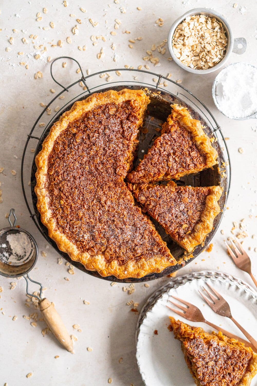 Brown Butter Oatmeal Pie - this is a pecan pie but without the pecans, which makes it the perfect pie for those who can't have nuts but still want the pecan pie experience. Toasted oats are mixed with brown butter and golden syrup for a chewy, perfect pie.