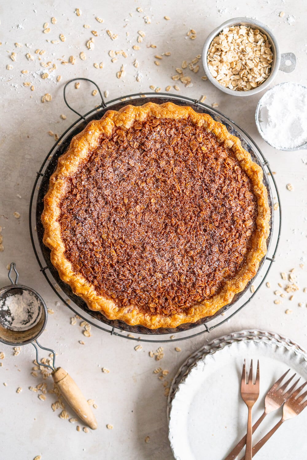 Brown Butter Oatmeal Pie - this is a pecan pie but without the pecans, which makes it the perfect pie for those who can't have nuts but still want the pecan pie experience. Toasted oats are mixed with brown butter and golden syrup for a chewy, perfect pie.