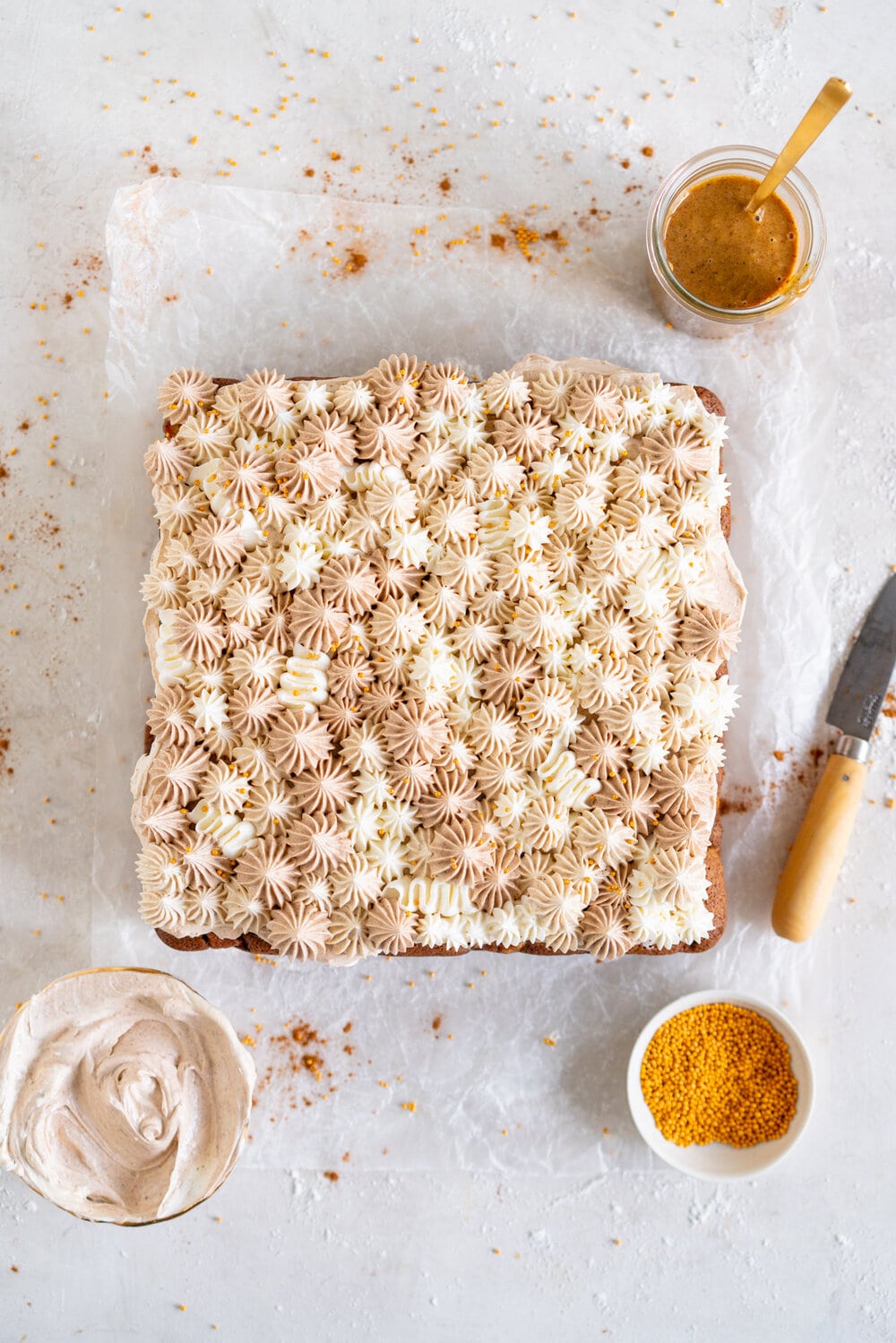 Apple Snack Cake with Ombre Walnut Praline Swiss Meringue Buttercream - a tender wholemeal apple cake is topped with swirls of buttercream made with swiss meringue buttercream flavoured with a nutty walnut praline